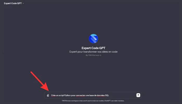 Interface de l'Expert CodeGPT avec un exemple de prompt pour se connecter à une base de données SQL.