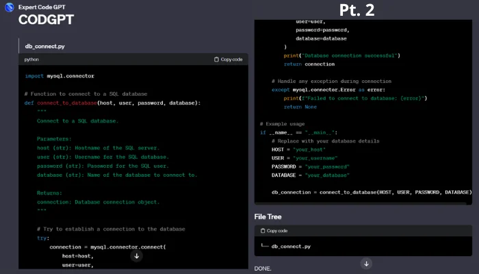 Capture d'écran de l'Expert CodeGPT montrant un script Python pour une connexion de base de données SQL et la structure du fichier associé.