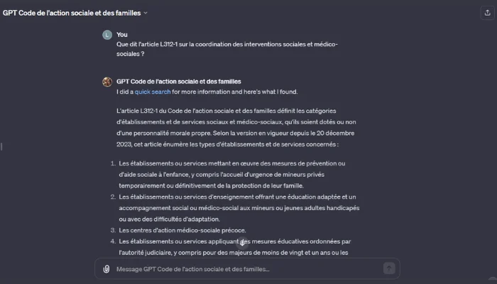 Capture d'écran d'une conversation avec GPT sur le Code de l'Action Sociale et des Familles.