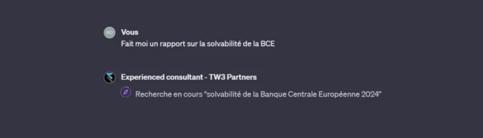Dialogue de messagerie avec un consultant expérimenté de TW3 Partners sur la solvabilité de la BCE.