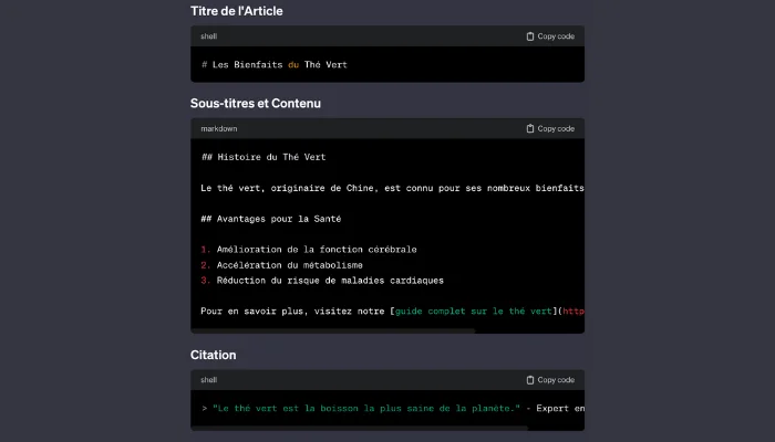 Capture d'écran montrant un exemple de GPT Markdown pour un article de blog sur les bienfaits du thé vert.