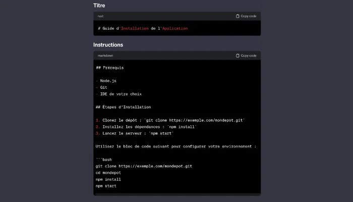 Capture d'écran d'un guide d'installation d'application utilisant GPT et Markdown pour les instructions et les blocs de code.