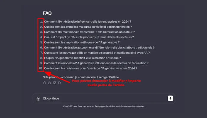 Capture d'écran de l'interface utilisateur "GPT SEO YOASTFR" affichant une liste de questions fréquemment posées (FAQ) pour un article sur l'IA générative. Les questions couvrent des sujets comme l'influence de l'IA générative sur les entreprises en 2024, les avancées en vidéo et design, la transformation de l'interaction utilisateur par l'IA multimodale, et les implications éthiques de l'IA générative. Un message en bas de la page indique "Si le plan vous convient, je commencerai à rédiger l'article. Vous pouvez demander à modifier n'importe quelle partie de l'article." Il y a également un bouton "Ok continue" et un avertissement rappelant que "ChatGPT peut faire des erreurs. Envisagez de vérifier les informations importantes."