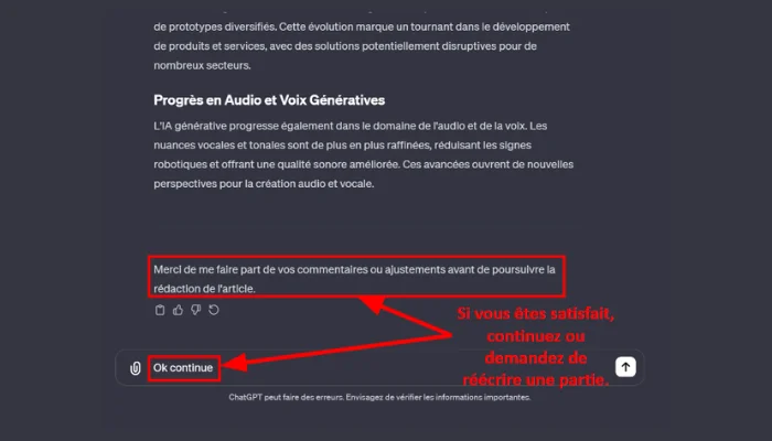 Capture d'écran d'une section de l'outil "GPT SEO YOASTFR" affichant le texte d'un article sous le sous-titre "Progrès en Audio et Voix Génératives". Le texte discute de l'avancement de l'IA générative dans le domaine de l'audio et de la voix. En bas de la fenêtre, il y a une invitation pour l'utilisateur : "Merci de me faire part de vos commentaires ou ajustements avant de poursuivre la rédaction de l'article." Il y a aussi un bouton "Ok continue" avec une note en dessous suggérant que l'utilisateur peut continuer ou demander à réécrire une partie. Un avertissement en bas rappelle que "ChatGPT peut faire des erreurs. Envisagez de vérifier les informations importantes."