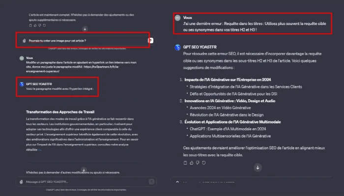 Capture d'écran de l'interface utilisateur "GPT SEO YOASTFR" où un échange de messages est présenté. L'utilisateur demande si l'outil peut créer une image pour un article, et l'outil répond en fournissant un paragraphe modifié avec un lien hypertexte. La colonne de droite montre un commentaire de l'outil indiquant une erreur commune dans les titres et recommandant d'utiliser des synonymes dans les sous-titres H2 et H3 pour améliorer le SEO. Ensuite, une liste de suggestions pour les sous-titres est donnée, incluant des termes tels que "Stratégies d'Intégration de l'IA Générative" et "Innovations en IA Générative: Vidéo, Design et Audio". En bas de l'écran, il y a une invite à ne pas hésiter à demander d'autres modifications ou à signaler des erreurs, avec un avertissement en bas rappelant que "ChatGPT peut faire des erreurs. Envisagez de vérifier les informations importantes."