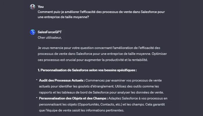 L'image est une capture d'écran d'une interface de chat où un utilisateur demande comment améliorer l'efficacité des processus de vente dans Salesforce pour une entreprise de taille moyenne. La réponse, fournie par un bot intitulé "SalesForceGPT", suggère des moyens de personnaliser Salesforce selon des besoins spécifiques, notamment en auditant les processus actuels et en personnalisant les objets et champs de Salesforce. Il met l'accent sur l'importance de s'assurer que l'équipe de vente saisit les informations pertinentes pour augmenter la productivité et la rentabilité.