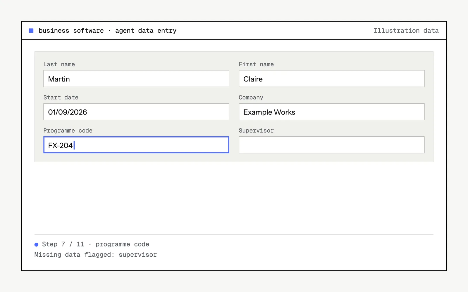 Illustrative mock-up of the tool : business software · agent data entry