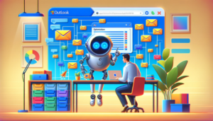 Assistant IA optimisant les e-mails dans l'interface Outlook en style cartoon