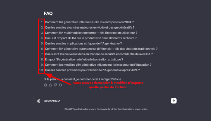 Capture d'écran de l'interface utilisateur "GPT SEO YOASTFR" affichant une liste de questions fréquemment posées (FAQ) pour un article sur l'IA générative. Les questions couvrent des sujets comme l'influence de l'IA générative sur les entreprises en 2024, les avancées en vidéo et design, la transformation de l'interaction utilisateur par l'IA multimodale, et les implications éthiques de l'IA générative. Un message en bas de la page indique "Si le plan vous convient, je commencerai à rédiger l'article. Vous pouvez demander à modifier n'importe quelle partie de l'article." Il y a également un bouton "Ok continue" et un avertissement rappelant que "ChatGPT peut faire des erreurs. Envisagez de vérifier les informations importantes."