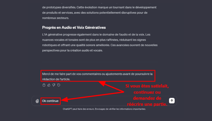 Capture d'écran d'une section de l'outil "GPT SEO YOASTFR" affichant le texte d'un article sous le sous-titre "Progrès en Audio et Voix Génératives". Le texte discute de l'avancement de l'IA générative dans le domaine de l'audio et de la voix. En bas de la fenêtre, il y a une invitation pour l'utilisateur : "Merci de me faire part de vos commentaires ou ajustements avant de poursuivre la rédaction de l'article." Il y a aussi un bouton "Ok continue" avec une note en dessous suggérant que l'utilisateur peut continuer ou demander à réécrire une partie. Un avertissement en bas rappelle que "ChatGPT peut faire des erreurs. Envisagez de vérifier les informations importantes."