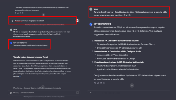 Capture d'écran de l'interface utilisateur "GPT SEO YOASTFR" où un échange de messages est présenté. L'utilisateur demande si l'outil peut créer une image pour un article, et l'outil répond en fournissant un paragraphe modifié avec un lien hypertexte. La colonne de droite montre un commentaire de l'outil indiquant une erreur commune dans les titres et recommandant d'utiliser des synonymes dans les sous-titres H2 et H3 pour améliorer le SEO. Ensuite, une liste de suggestions pour les sous-titres est donnée, incluant des termes tels que "Stratégies d'Intégration de l'IA Générative" et "Innovations en IA Générative: Vidéo, Design et Audio". En bas de l'écran, il y a une invite à ne pas hésiter à demander d'autres modifications ou à signaler des erreurs, avec un avertissement en bas rappelant que "ChatGPT peut faire des erreurs. Envisagez de vérifier les informations importantes."