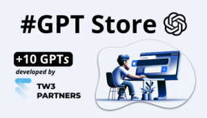 #GPT Store with OpenAI logo, a computer user illustration, and text '+10 GPTs developed by TW3 PARTNERS'.