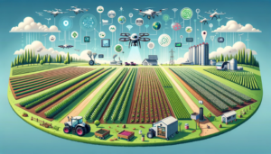 IA Agriculture moderne et durable avec technologies avancées, drones, tracteurs autonomes, ferme verticale et pratiques de carbon farming