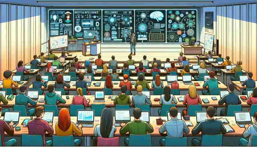 A modern university lecture hall filled with students using laptops while a professor teaches about technology and artificial intelligence, illustrated in vibrant colors.