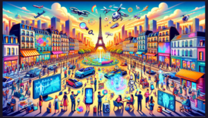 Illustration futuriste de l'IA générative en France avec des personnes utilisant des technologies avancées devant la Tour Eiffel.