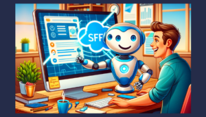 Assistant AI cartoon interagissant avec Salesforce CRM dans un bureau moderne