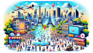 Scène dynamique de startups françaises en IA en 2024, avec des personnages de dessins animés innovant dans un paysage urbain futuriste