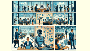 Bande dessinée représentant l'automatisation et la transformation digitale dans un bureau moderne.