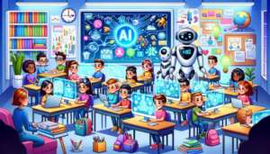 Salle de classe futuriste avec innovations en IA pour l'éducation, montrant des élèves utilisant des technologies interactives et un assistant robotique.