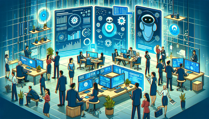Équipe utilisant des innovations IA en gestion de projets dans un bureau futuriste