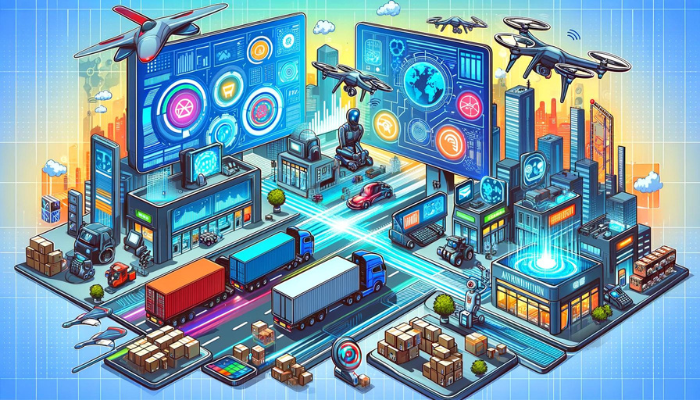 Hub de transport futuriste intégrant des stratégies IA dans le secteur des transports et de la logistique
