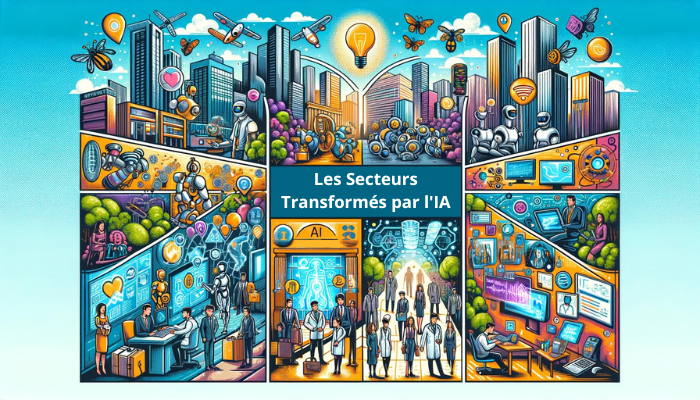 Illustration de la transformation des secteurs par l'IA, montrant des robots IA aidant dans des banques, analysant des images médicales, dans le recrutement, la communication numérique et la conception de mode.