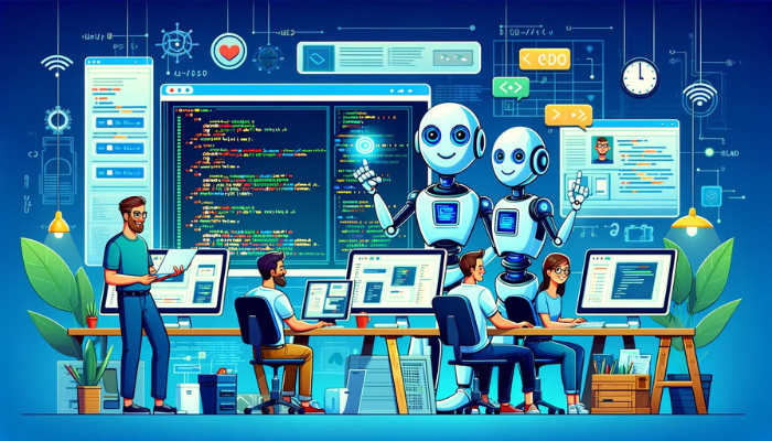 Collaboration entre développeurs humains et personnages d'IA dans un bureau technologique pour le développement web.