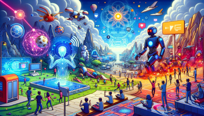 Scène de jeu vidéo en style cartoon illustrant l'impact de l'IA, avec personnages interactifs et paysage dynamique.