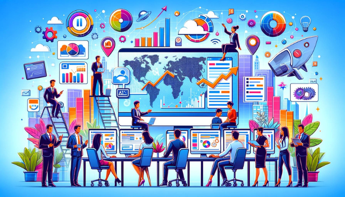 Équipe diversifiée de professionnels du marketing et de l'IT collaborant sur l'optimisation SEO d'un site web avec la technologie IA dans un bureau moderne.