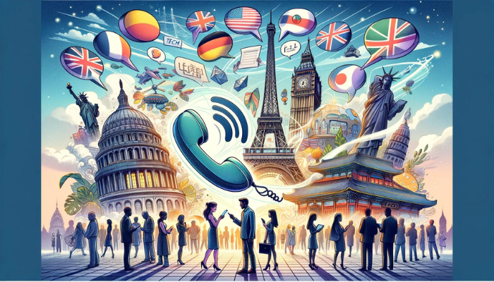 Illustration de personnes de différentes nationalités utilisant la technologie de traduction instantanée pour communiquer, avec des icônes culturelles mondiales en arrière-plan.
