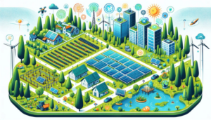 Image cartoon illustrant l'application de l'intelligence artificielle dans le développement durable, incluant des panneaux solaires avec des systèmes de surveillance intelligents, un champ agricole avec des systèmes d'irrigation automatisés, un paysage urbain avec des bâtiments verts et des véhicules électriques, et une zone forestière avec des capteurs de surveillance de la faune.