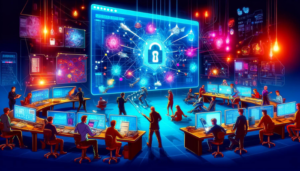 Illustration en style cartoon d'un centre d'opérations de sécurité avec des experts en cybersécurité travaillant ensemble autour d'un grand écran affichant une cyberattaque. Les experts utilisent des outils futuristes pour défendre contre l'attaque, dans un cadre rempli d'équipements informatiques avancés.