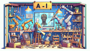 Une illustration de style cartoon montrant un atelier artisanal moderne. Des outils traditionnels sont intégrés avec des technologies avancées, incluant des écrans d'ordinateur affichant des logiciels de conception et des bras robotiques aidant dans des tâches complexes. L'atelier est rempli de divers matériaux et outils, illustrant une fusion entre l'ancien et le nouveau.