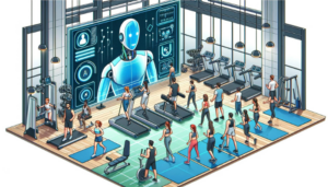 Image de style cartoon d'un studio de fitness high-tech avec un groupe diversifié de personnes faisant de l'exercice sous la direction d'un coach virtuel IA affiché sur de grands écrans.