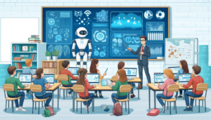 Image de style cartoon montrant un groupe diversifié d'étudiants et un robot enseignant humanoïde dans une salle de classe high-tech équipée de technologie IA.