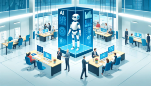 Cartoon-style image of a futuristic office with humans and robots working together, showcasing AI integration in human resources management.