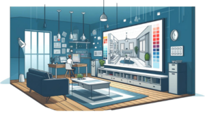 Image de style dessin animé d'un studio moderne de design d'intérieur avec un designer travaillant sur une simulation 3D d'un espace intérieur sur un grand écran, entouré de meubles modernes et d'échantillons de couleurs.