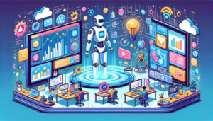 Image en style cartoon représentant un robot humanoïde analysant des données sur un écran futuriste dans un bureau moderne, avec des icônes de publicité numérique et des graphiques.