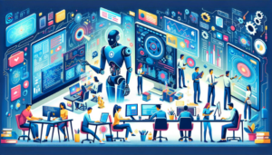 Scène de travail futuriste en style cartoon avec des professionnels utilisant des technologies d'intelligence artificielle, incluant la programmation, l'analyse de grandes données, et la collaboration avec un robot.