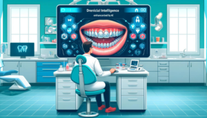 Dentiste utilisant l'intelligence artificielle pour le diagnostic dentaire dans un cabinet moderne.