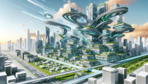 Paysage urbain futuriste avec architectures avancées en style cartoon.