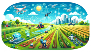 Image de dessin animé montrant des scènes agricoles avec l'utilisation de l'intelligence artificielle. On y voit des drones survolant des champs, des robots récoltant des cultures, et un agriculteur utilisant une tablette pour contrôler les opérations.