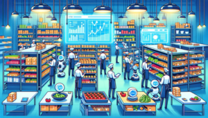 Image en dessin animé d'une cuisine de restaurant moderne avec du personnel utilisant la technologie pour la gestion des stocks, incluant des écrans numériques et des étiquettes intelligentes, assistés par des robots.