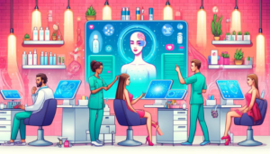 Salon de beauté futuriste avec professionnels utilisant l'intelligence artificielle pour des traitements personnalisés.