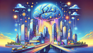 Illustration de style cartoon des modèles prédictifs en IA dans une ville futuriste, avec un cerveau numérique connecté à des bâtiments via des flux de données lumineux.