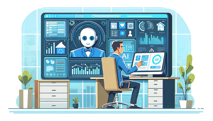 Image de style cartoon d'un bureau immobilier moderne avec un agent utilisant un système IA.
