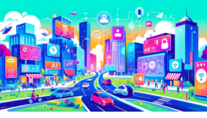 Une image au style cartoon d'un paysage urbain moderne rempli d'éléments futuristes, avec des véhicules autonomes, des panneaux d'affichage numériques, et des personnes utilisant des dispositifs intelligents.