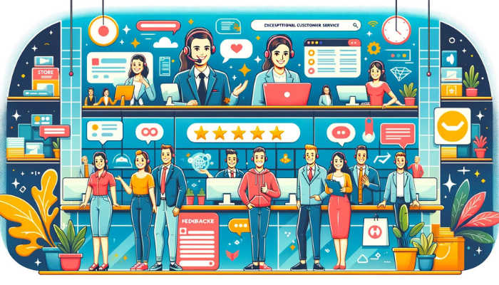 Illustration cartoon des différents aspects d'un service client exceptionnel, incluant des clients heureux et des agents de service attentifs, dans un magasin et via un chat en ligne.