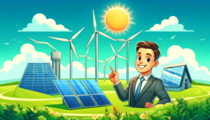 Illustration de style cartoon montrant diverses sources d'énergie renouvelable avec un entrepreneur heureux en costume, soulignant des panneaux solaires, des éoliennes et une installation de biomasse, entourés de verdure et d'un ciel bleu clair.