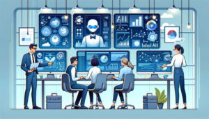 Illustration cartoon de consultants utilisant des outils d'IA pour analyser des données dans un bureau moderne avec des visualisations de données sur des écrans d'ordinateur.